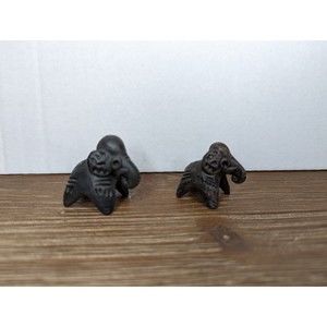 Elephant Folk Art Figurines Terracotta Black Clay Hand Carved India Trunk Up